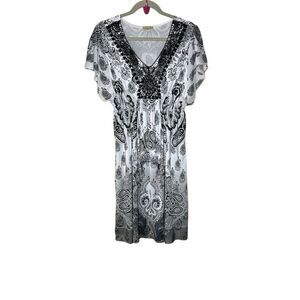 One World Women's Bohemian V-Neck Dress Black Paisley Beaded Accents XL